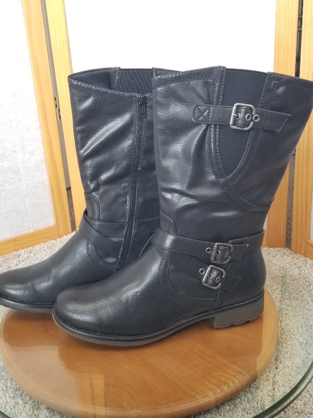BareTraps Black Moto Boots Side Zip Shimmer Vegan Leather Size 11